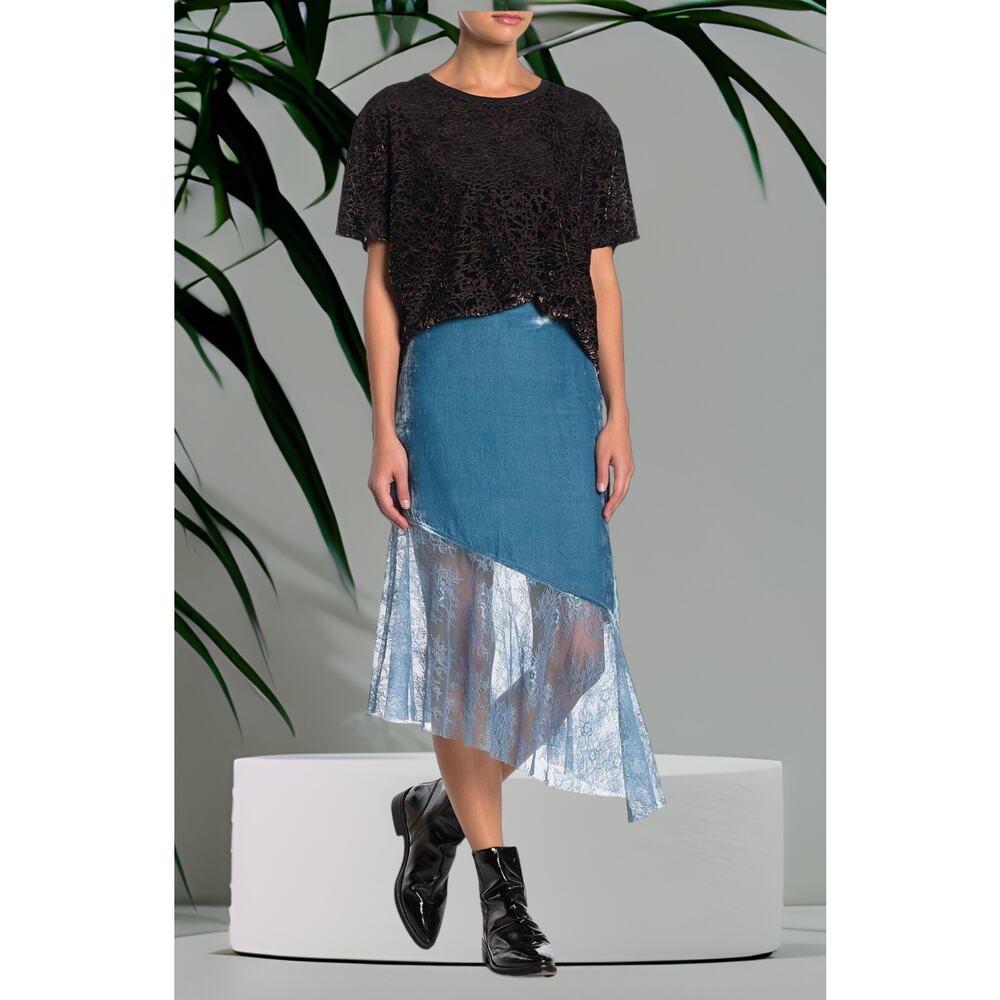 NWT - Free People My Lacey Velvet Midi Skirt Blue Mountain Top Size: 0
